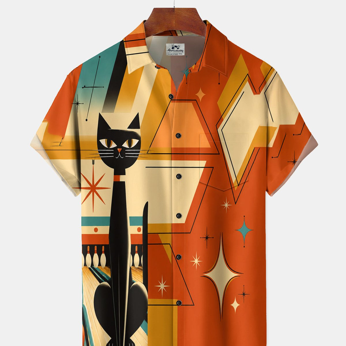 Alohadaddy® Retro Mid-Century Modern Geometric Atomic Cat Short-Sleeve Shirt