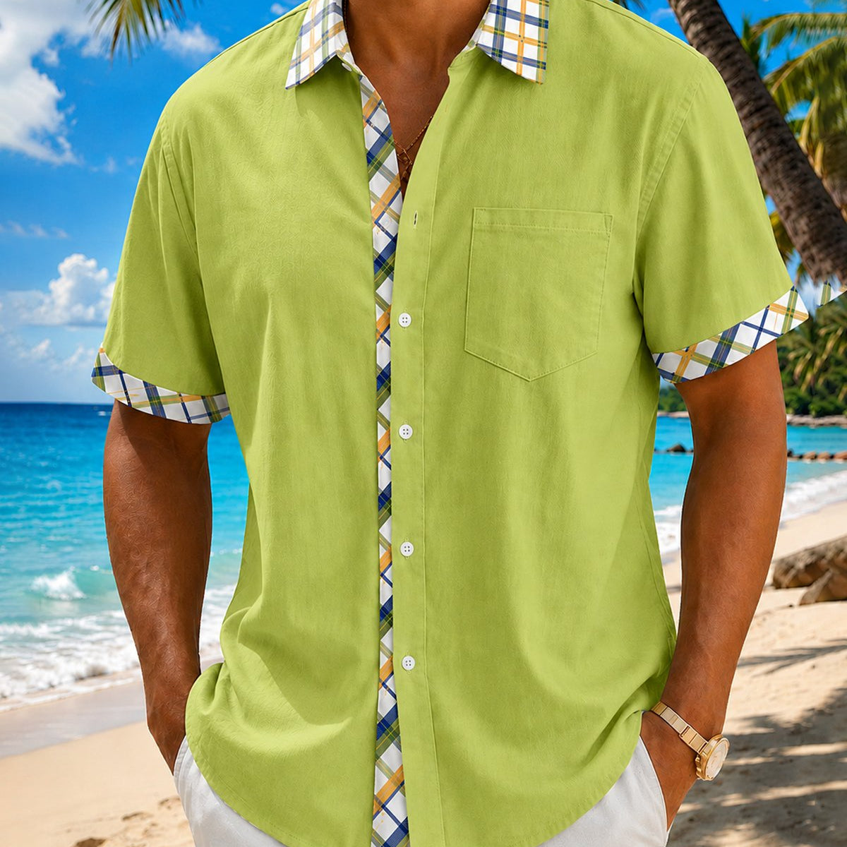 Alohadaddy® Basic Check Solid Color Patchwork Printed Pocket Short-Sleeve Shirt