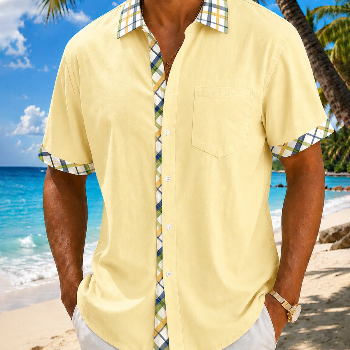 Alohadaddy® Basic Check Solid Color Patchwork Printed Pocket Short-Sleeve Shirt