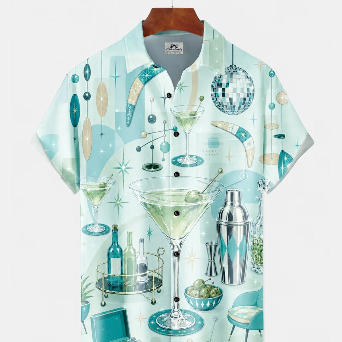 Alohadaddy® Retro Mid-Century Modern Geometric Atomic Cocktail Short-Sleeve Hawaiian Shirt