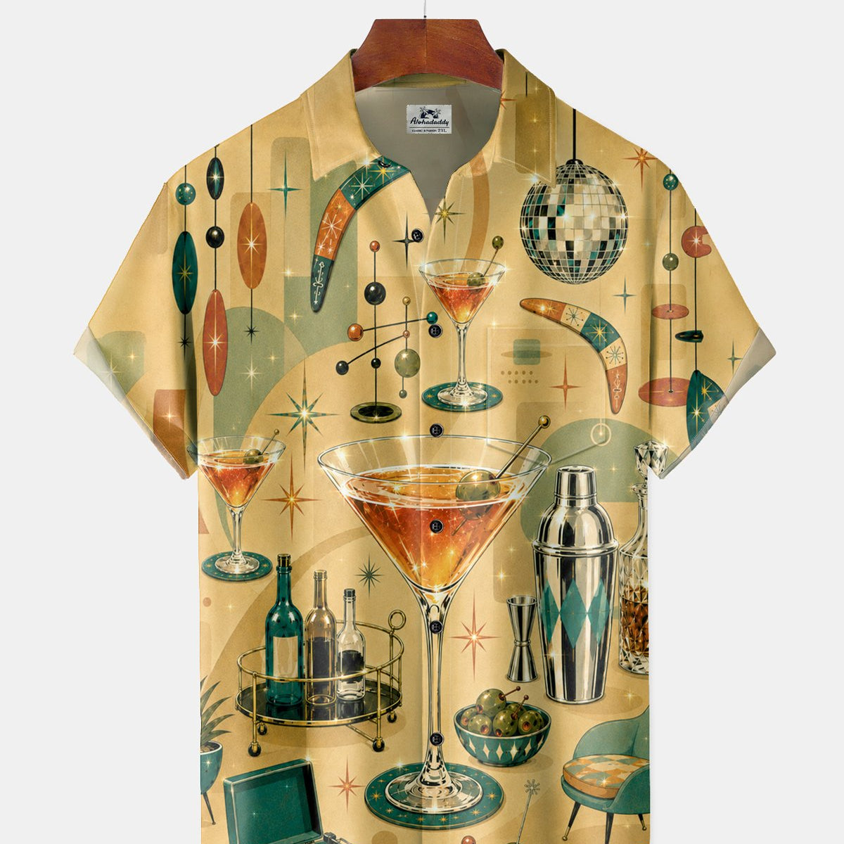 Alohadaddy® Retro Mid-Century Modern Geometric Atomic Cocktail Short-Sleeve Hawaiian Shirt