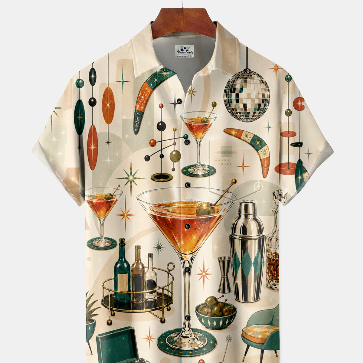 Alohadaddy® Retro Mid-Century Modern Geometric Atomic Cocktail Short-Sleeve Hawaiian Shirt