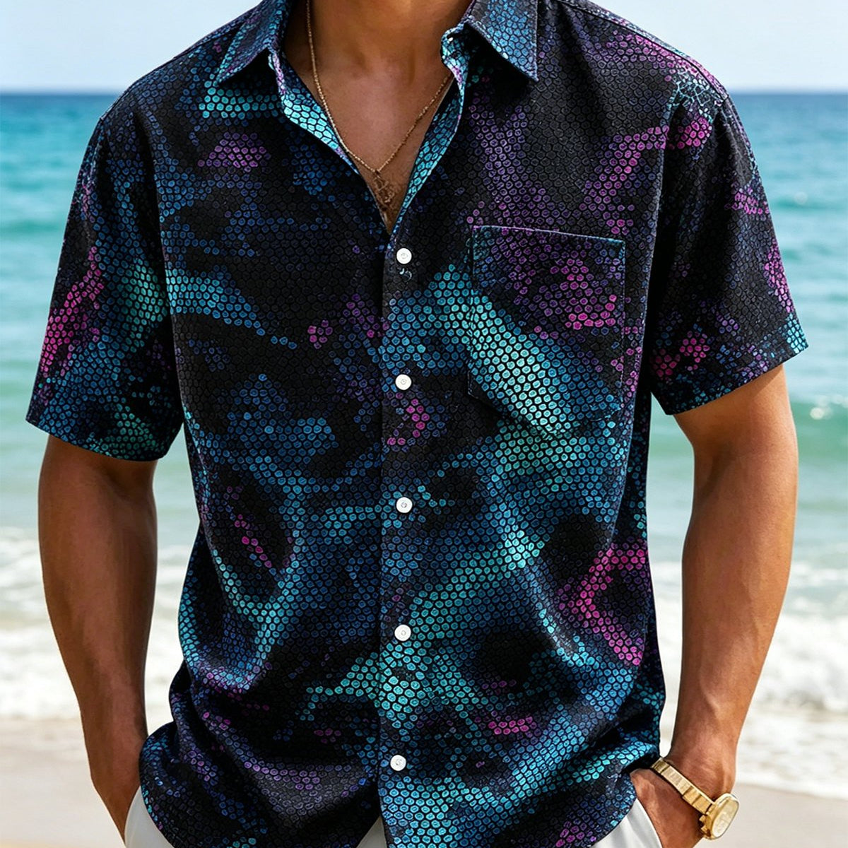Alohadaddy® Retro Abstract Geometric Gradient Print Short-Sleeve Shirt