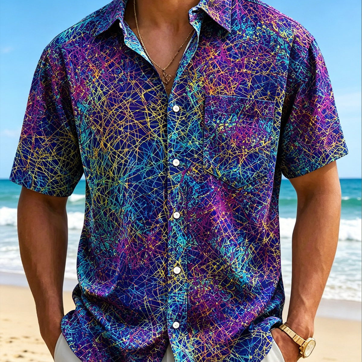Alohadaddy® Retro Abstract Geometric Gradient Texture Print Short-Sleeve Shirt