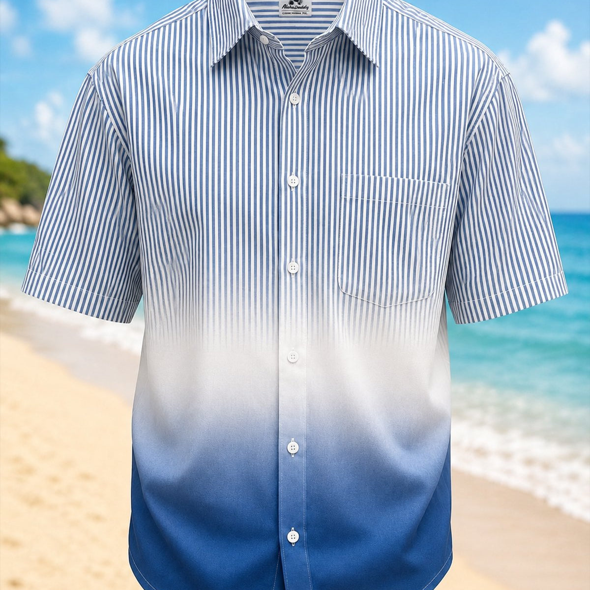 Alohadaddy® Basic Striped Ombré Short-Sleeve Pocket Hawaiian Shirt