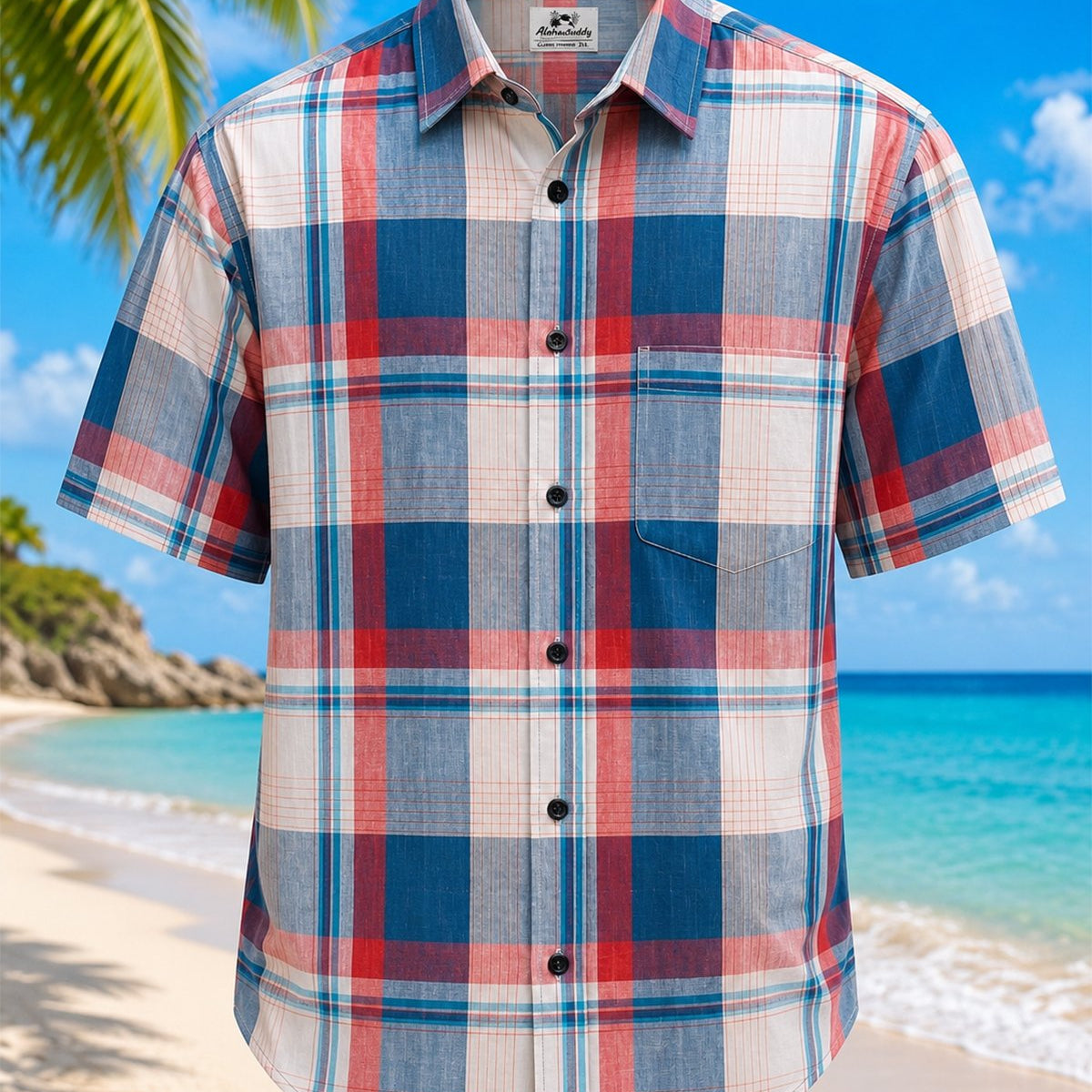 Alohadaddy® Basic Geometric Plaid Color-Block Short-Sleeve Shirt