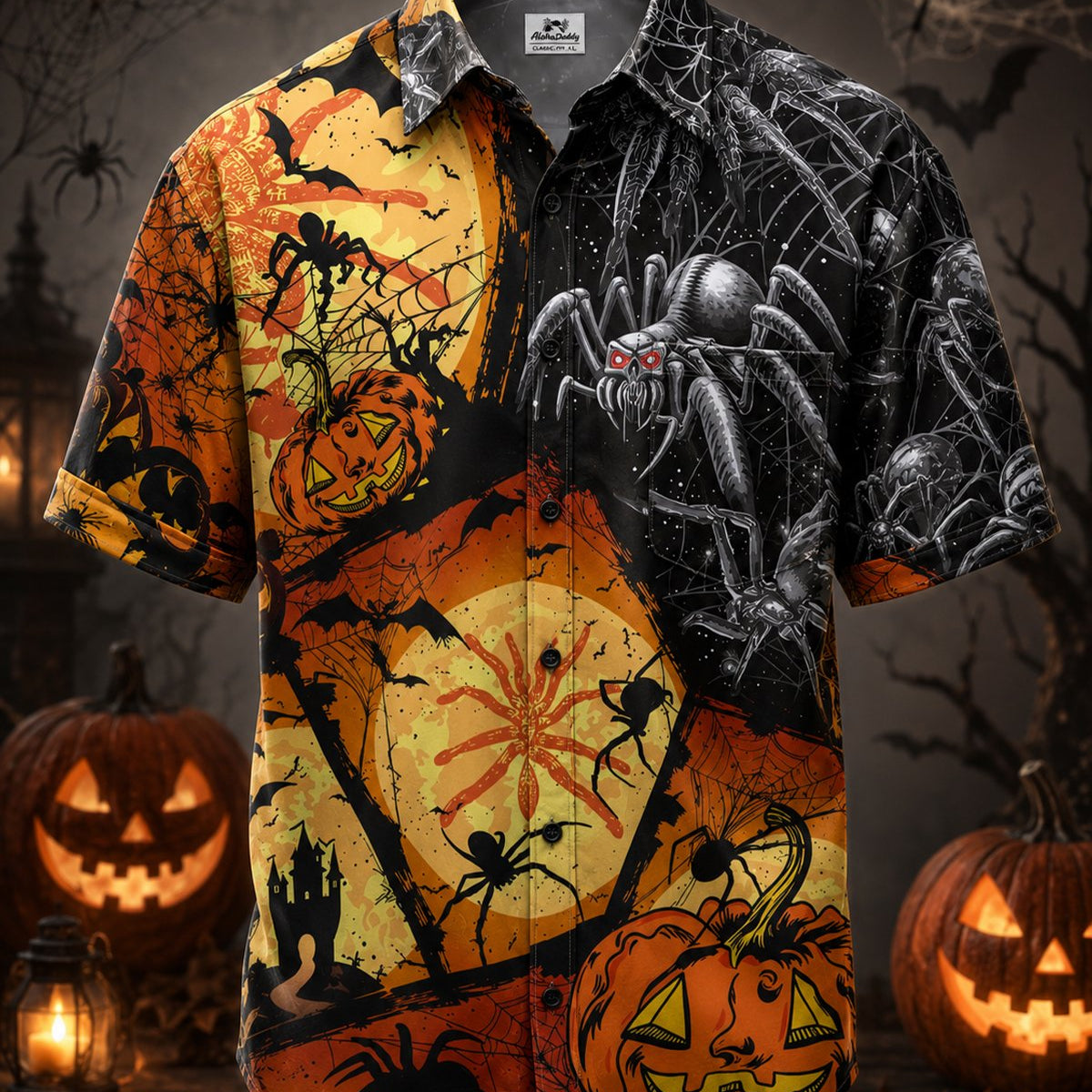 Alohadaddy® Holiday Halloween Pumpkin Bat Retro Poster Short-Sleeve Shirt