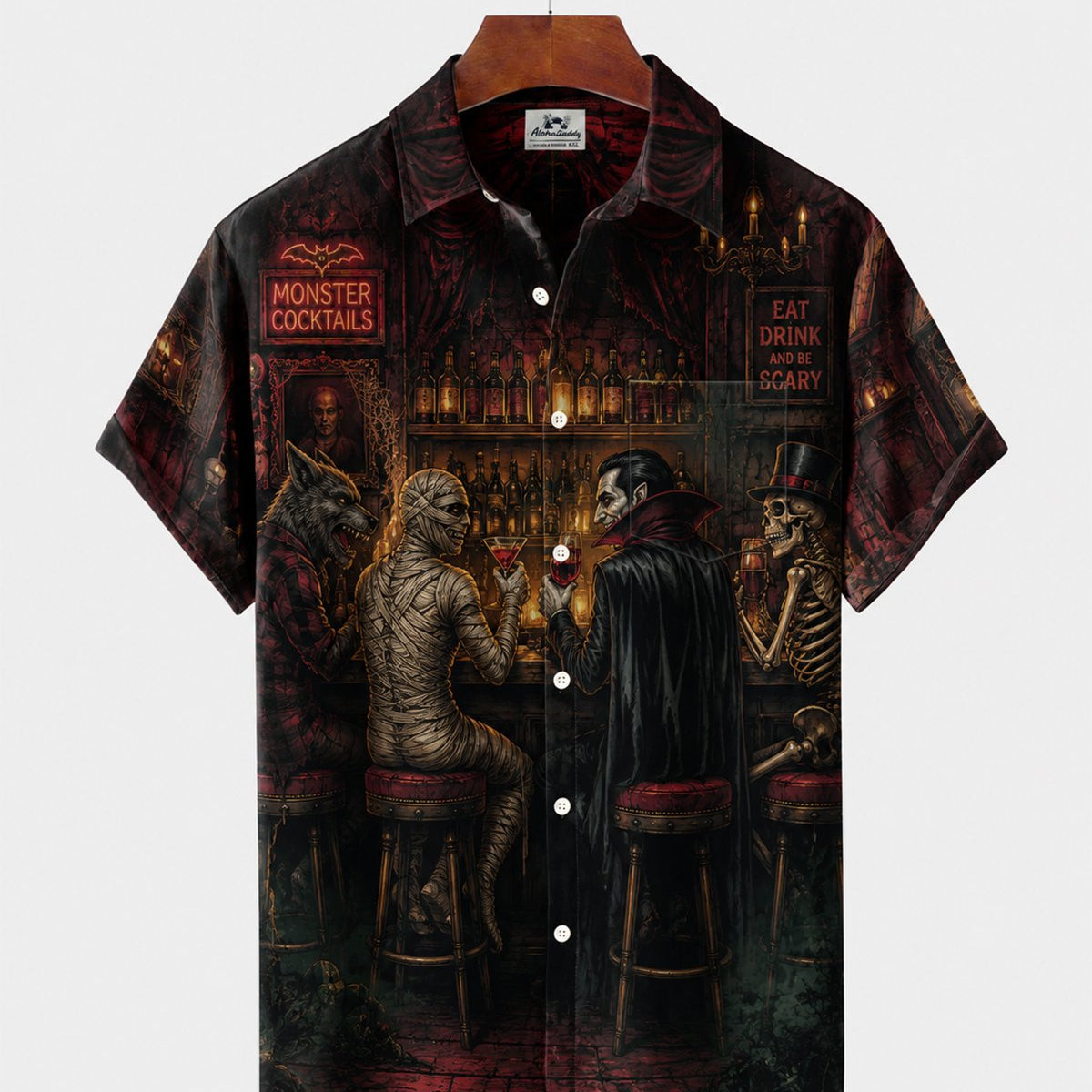 Alohadaddy® Halloween Retro Vampire Werewolf Bar Short-Sleeve Shirt