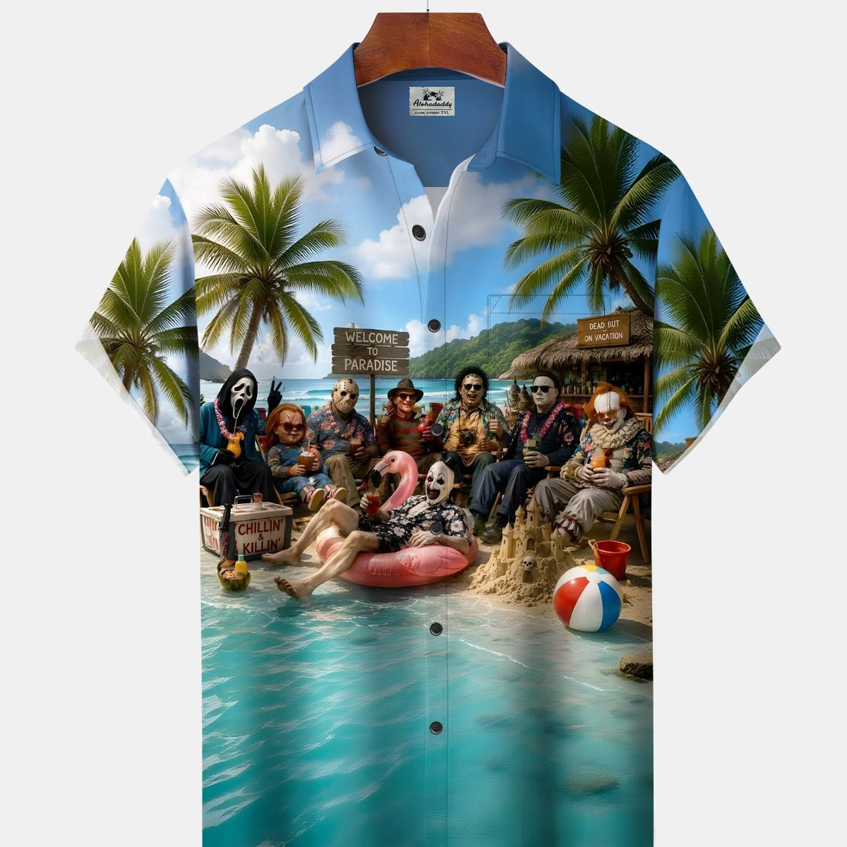 Alohadaddy® Halloween Cartoon Beach Coconut Tree Flamingo Short-Sleeve Shirt