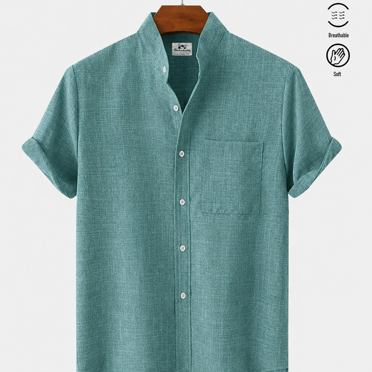Alohadaddy® Men's Basic Solid Color Stand Collar Eco-Friendly Linen Pocket Shirt
