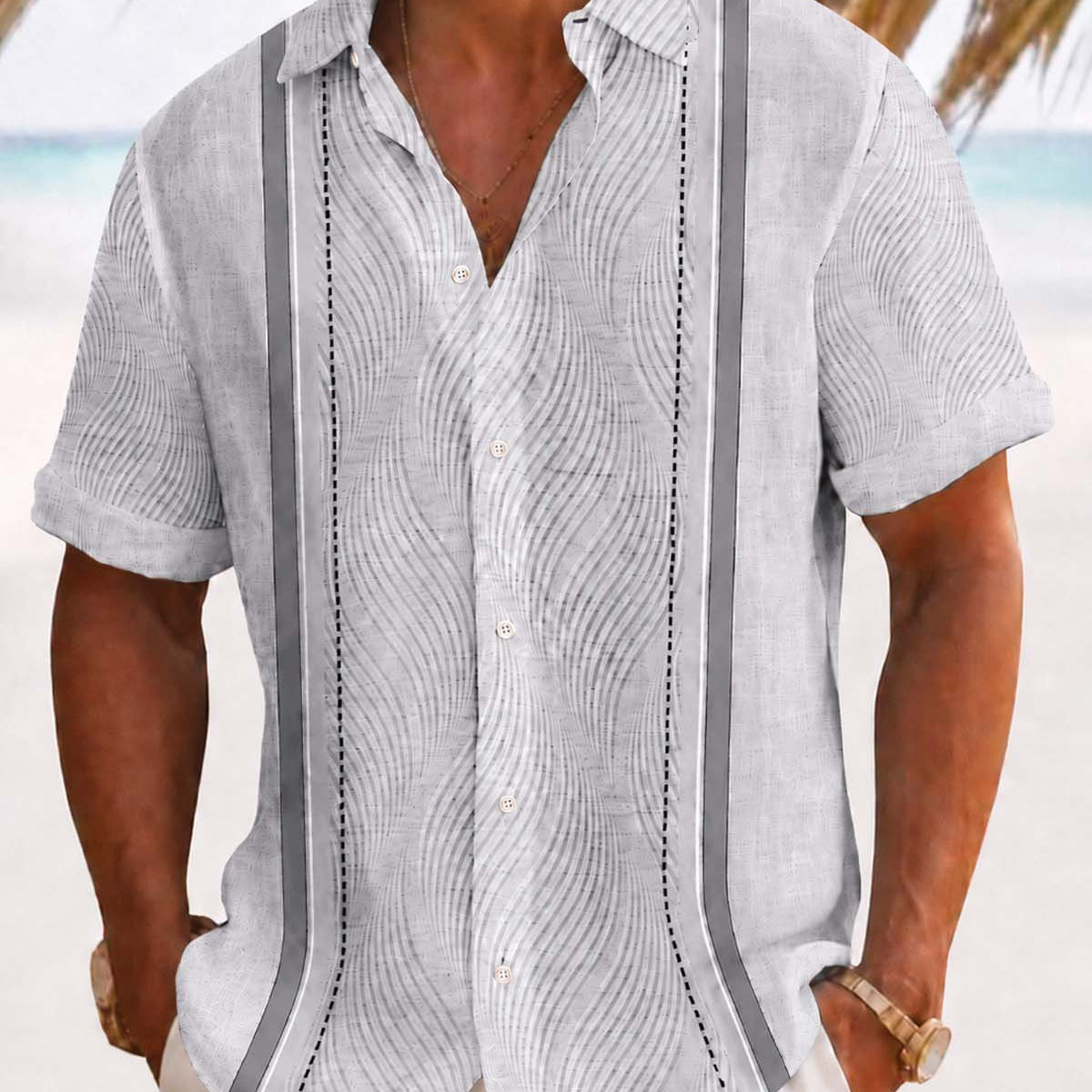 Alohadaddy® Men's Vintage Geometric Textured 3D Bowling Print Button Pocket Short Sleeve Shirt