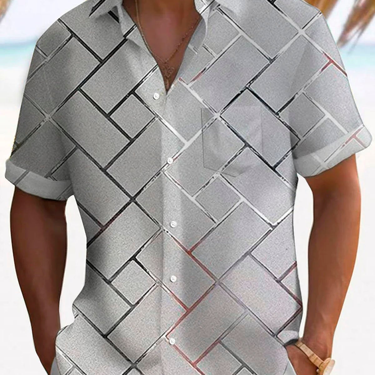 Alohadaddy Retro Geometric 3D Tech Print Men's Button Pocket Short Sleeve Shirt