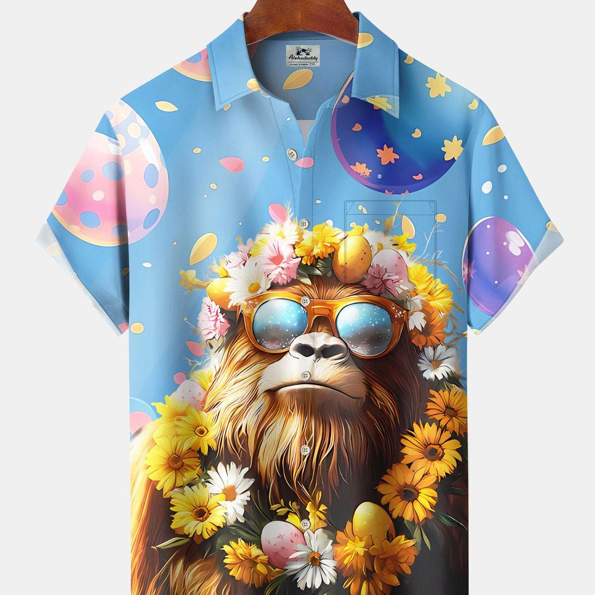 Alohadaddy Hawaii Resort Style Easter Bigfoot Print Art Pocket Button Stretch Large Size Men's Shirt
