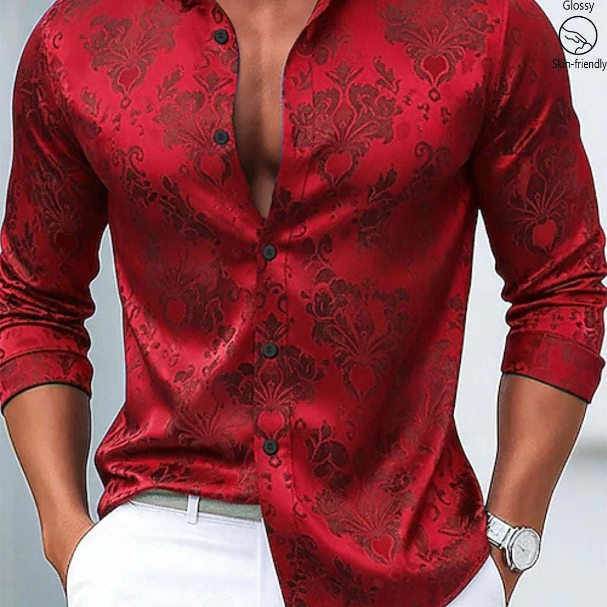 Alohadaddy® Vintage Palace Jacquard Print Elastic Button Men's Long Sleeve Shirt Big & Tall