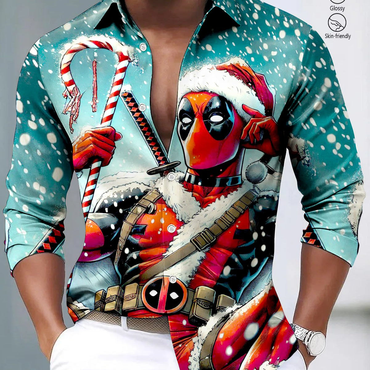 Alohadaddy® Satin Finish Christmas Deadpool Print Art Stretch Button Men's Long Sleeve Shirt Big & Tall