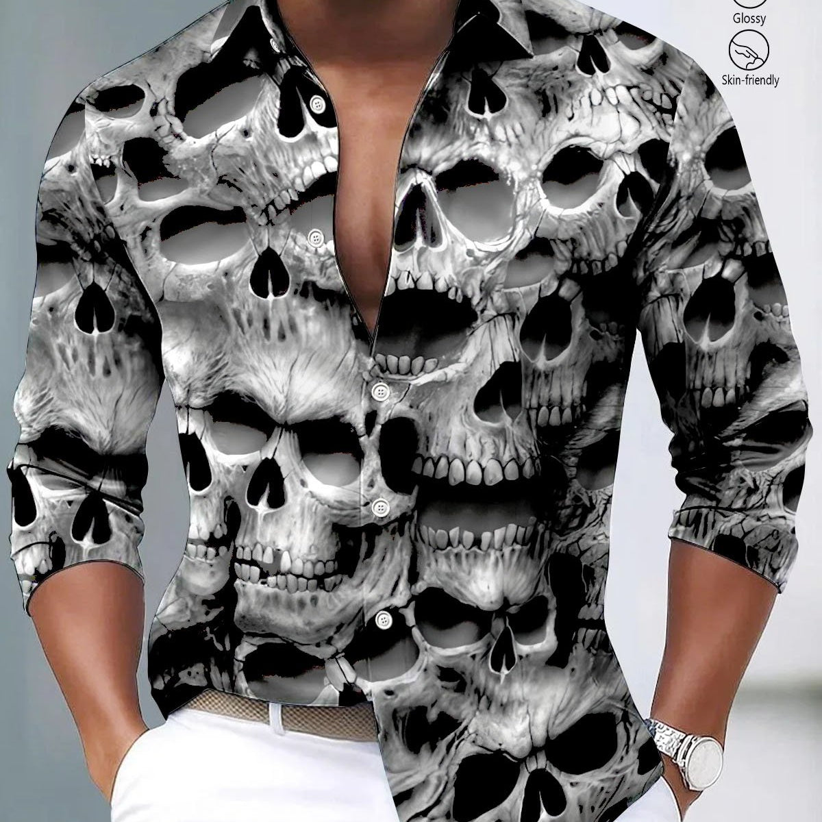 Alohadaddy® Satin Finish Casual Skull Print Artistic Stretch Men's Long Sleeve Shirt Big & Tall