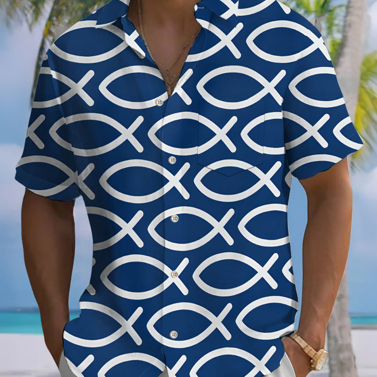 Alohadaddy® Casual Geometric Fish Print Art Stretch Button Pocket Men's Short Sleeve Shirt Big & Tall