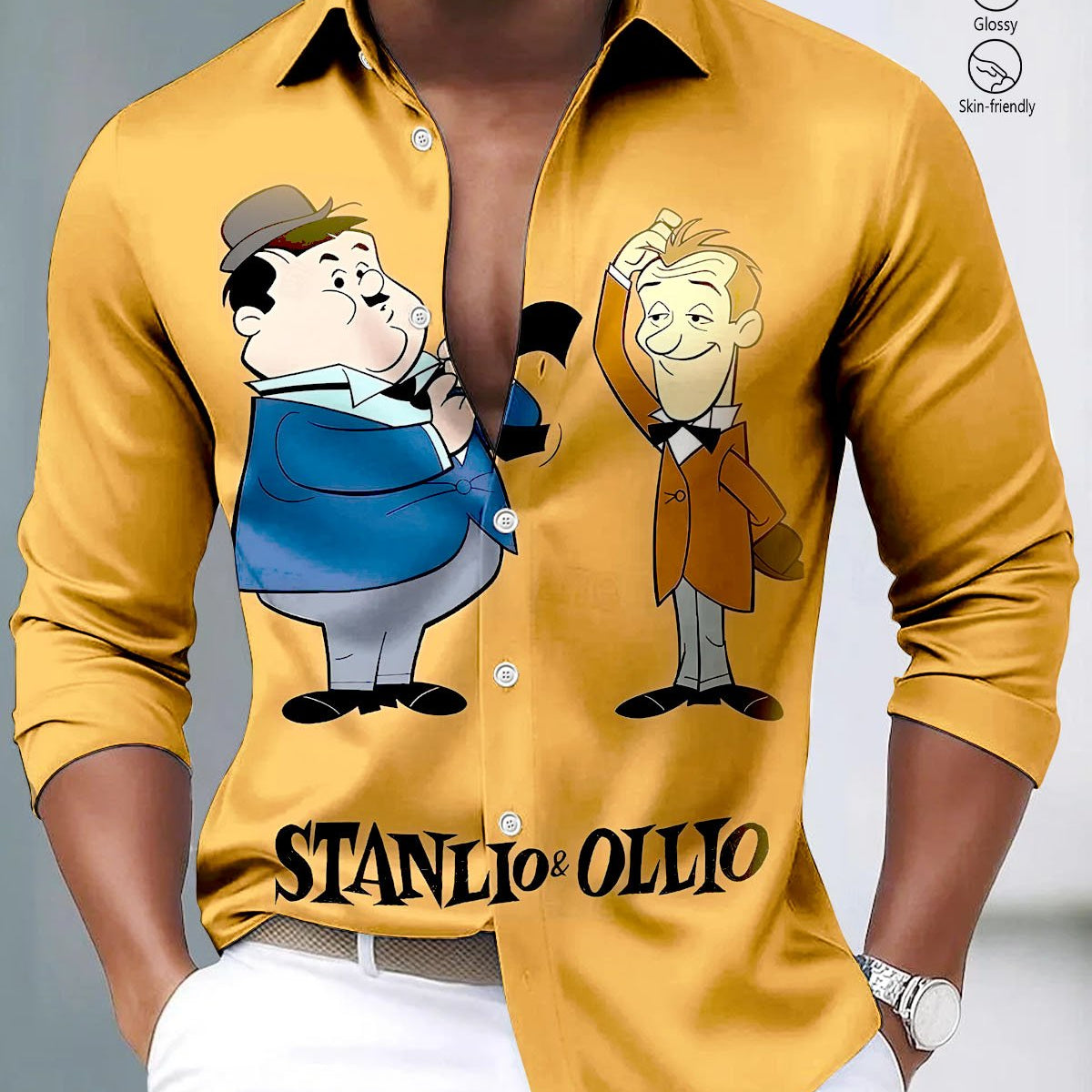 Alohadaddy® Satin Finish Retro Cartoon Atomic Print Button Stretch Men's Long Sleeve Shirt Big & Tall