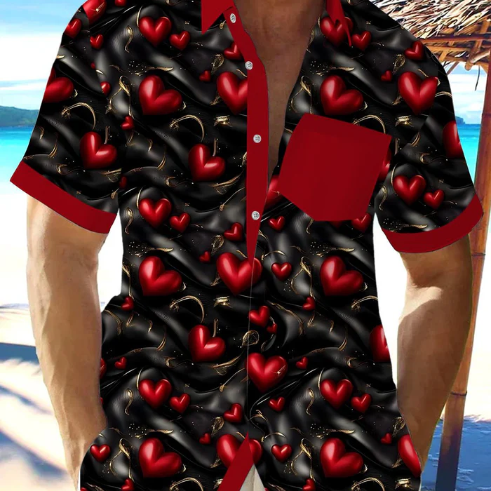 Alohadaddy® Valentine's Day Heart Color Block Print Art Pocket Elastic Button Men's Short Sleeve Shirt Big & Tall