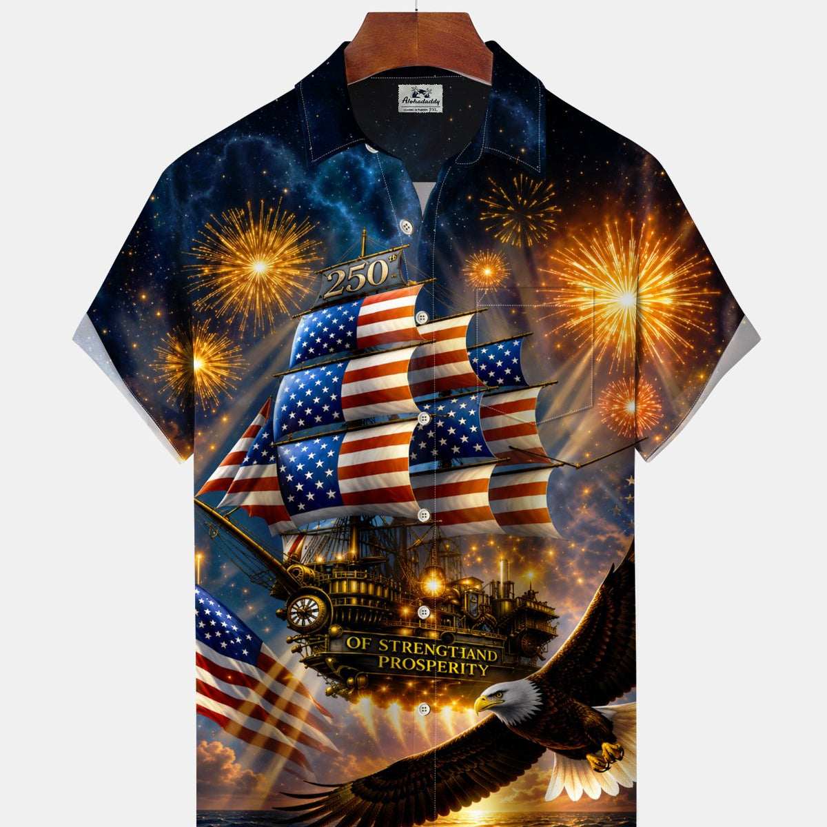 Alohadaddy® Men's Short-Sleeve Button-Down Shirt with Pocket Vintage-Style USA 250th Anniversary Graphic Print