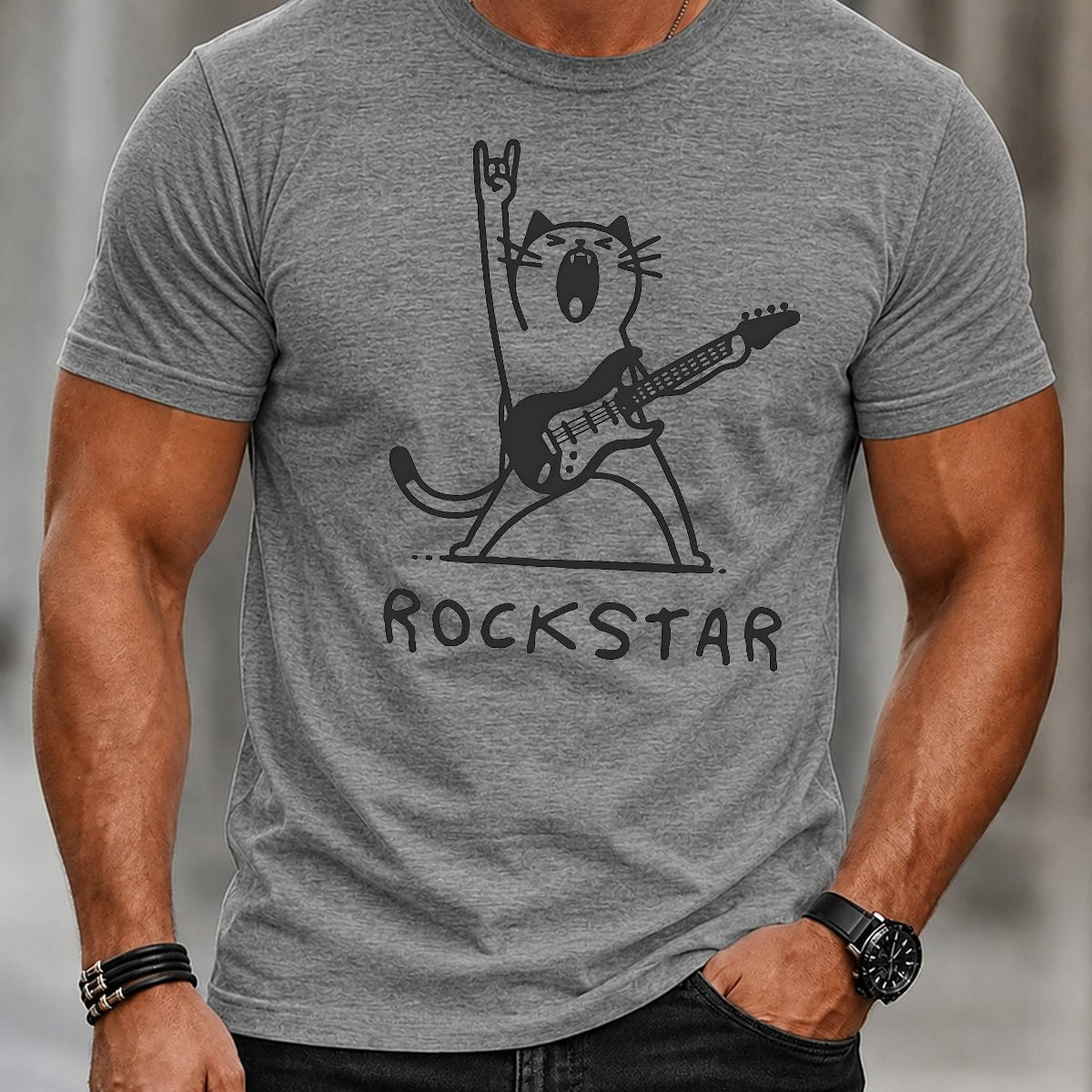 Alohadaddy® Casual Short-Sleeve T-Shirt Guitar-Playing Cat Design
