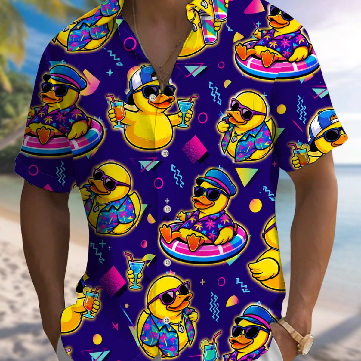 Alohadaddy® Men's Short-Sleeve Button-Down Shirt with Duck Print, Pocket and Cardigan-Style Front