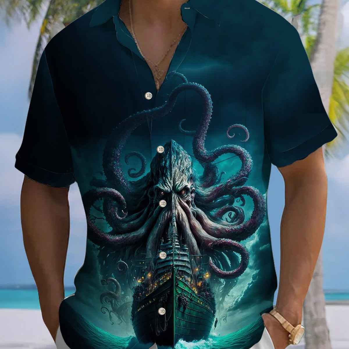 Alohadaddy® Men's Short-Sleeve Button-Down Shirt with Octopus Print Pocket and Cardigan-Style Front