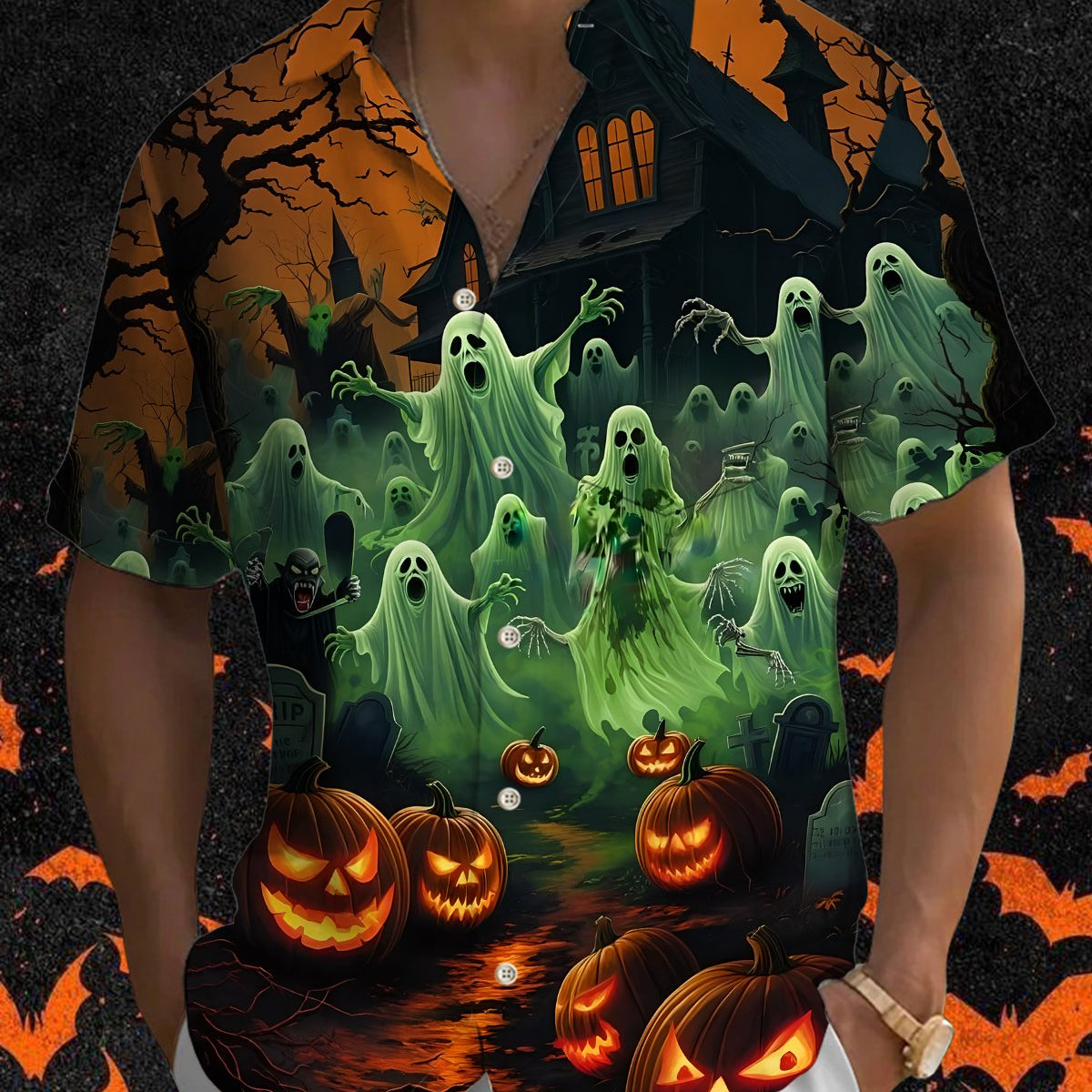 Alohadaddy® Holiday Halloween Graphic Print Button-Down Pocket Cardigan-Style Men's Short-Sleeve Shirt