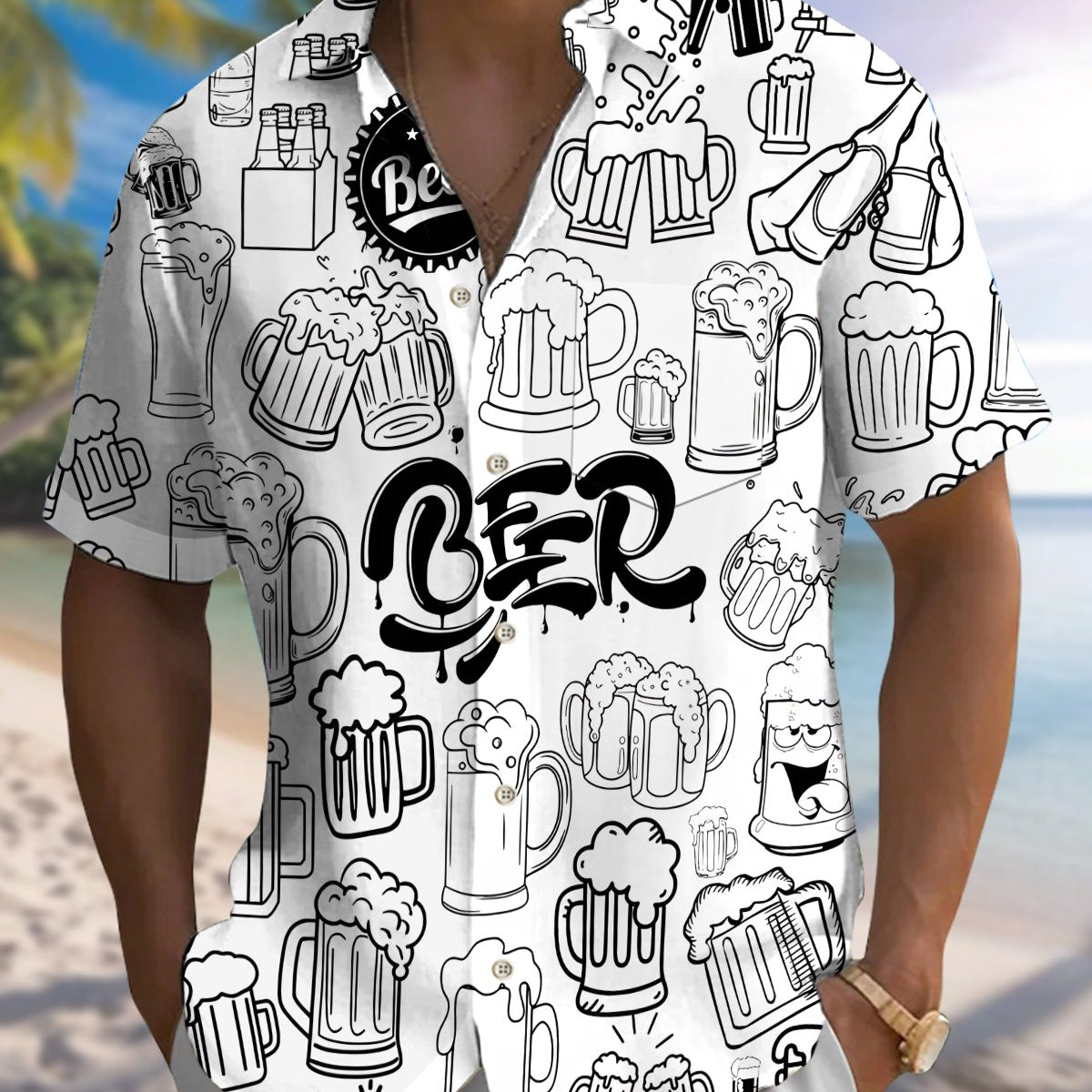 Alohadaddy® Men's Short-Sleeve Button-Down Shirt Casual Beer-Themed Graphic Print with Pocket