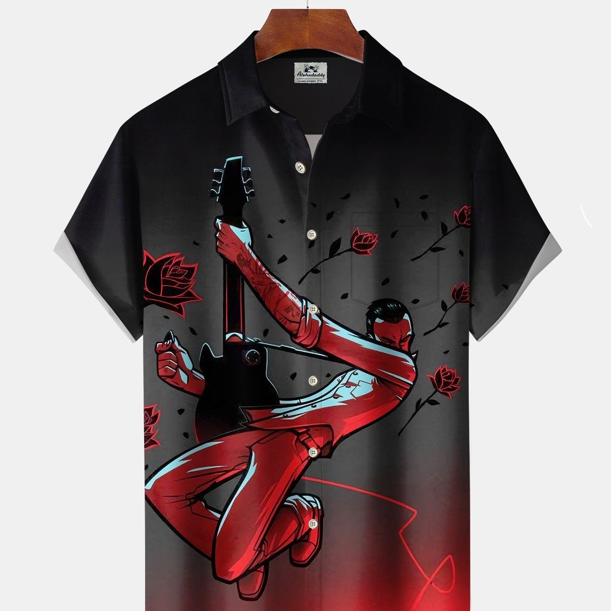 Alohadaddy® Men's Short-Sleeve Button-Down Shirt with Pocket Vintage Music-Themed Graphic Print