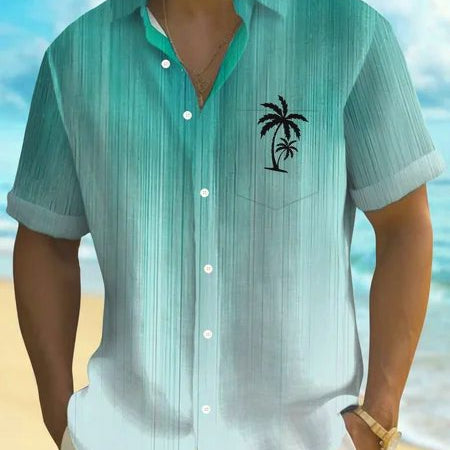 Alohadaddy® Hawaiian Gradient Palm Tree Print Art Buttons Pockets Cardigan Men's Short-Sleeve Shirt Big & Tall