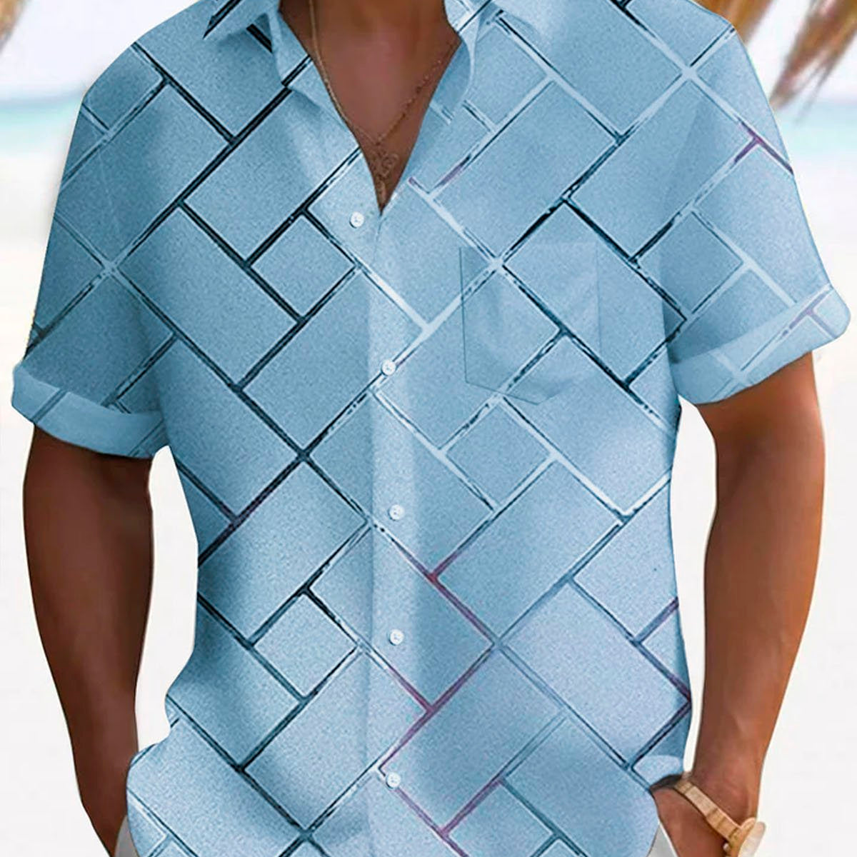 Alohadaddy Retro Geometric 3D Tech Print Men's Button Pocket Short Sleeve Shirt