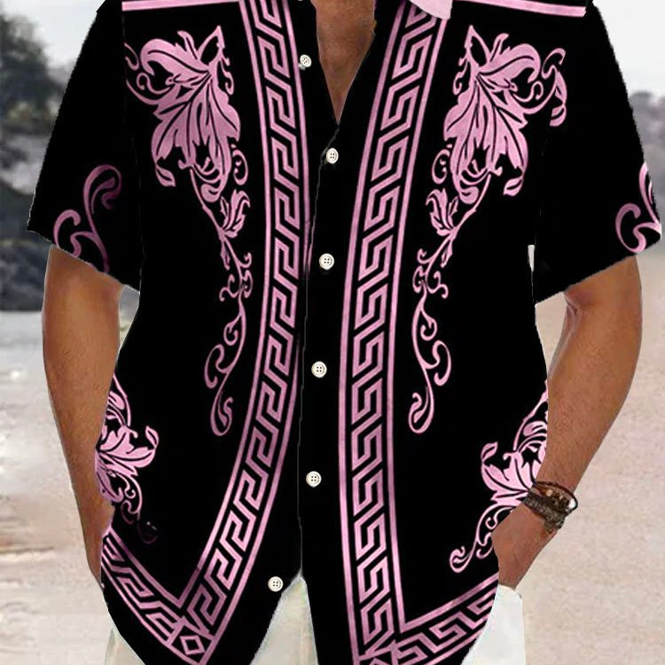 Alohadaddy Retro Geometric Gold Floral Print Men's Button Pocket Short Sleeve Shirt