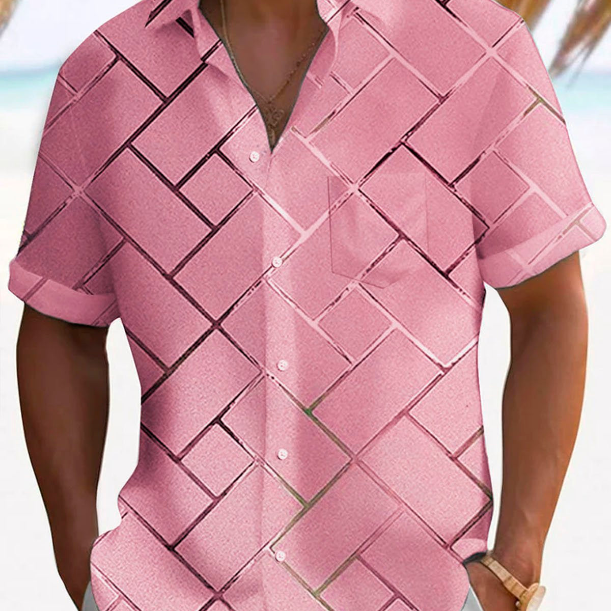 Alohadaddy Retro Geometric 3D Tech Print Men's Button Pocket Short Sleeve Shirt