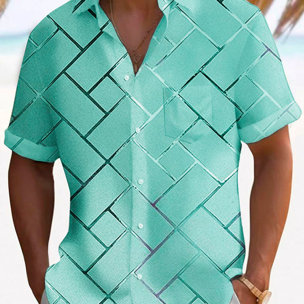 Alohadaddy Retro Geometric 3D Tech Print Men's Button Pocket Short Sleeve Shirt
