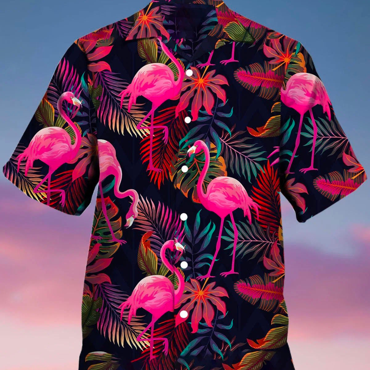 Camisa hawaiana informal de manga corta con estampado de flamencos botánicos para hombre