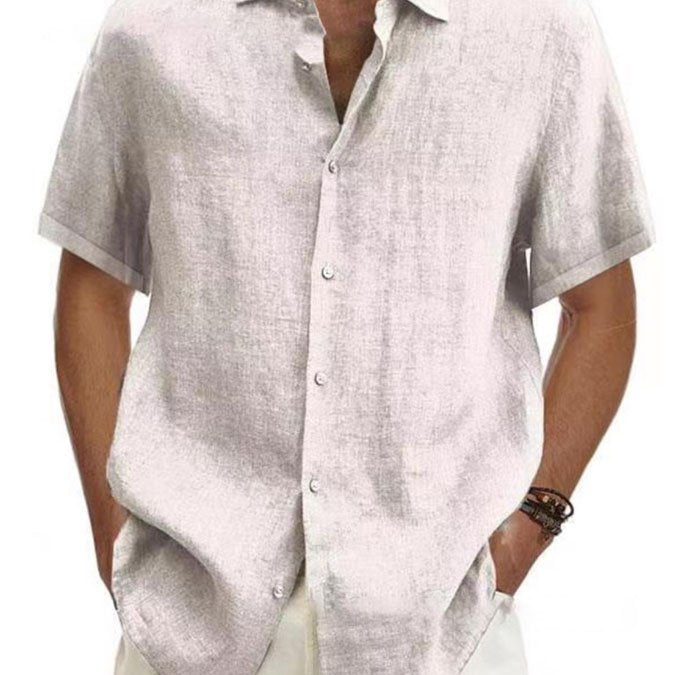 Camisa de manga corta con botones de lino y algodón de color liso para hombre