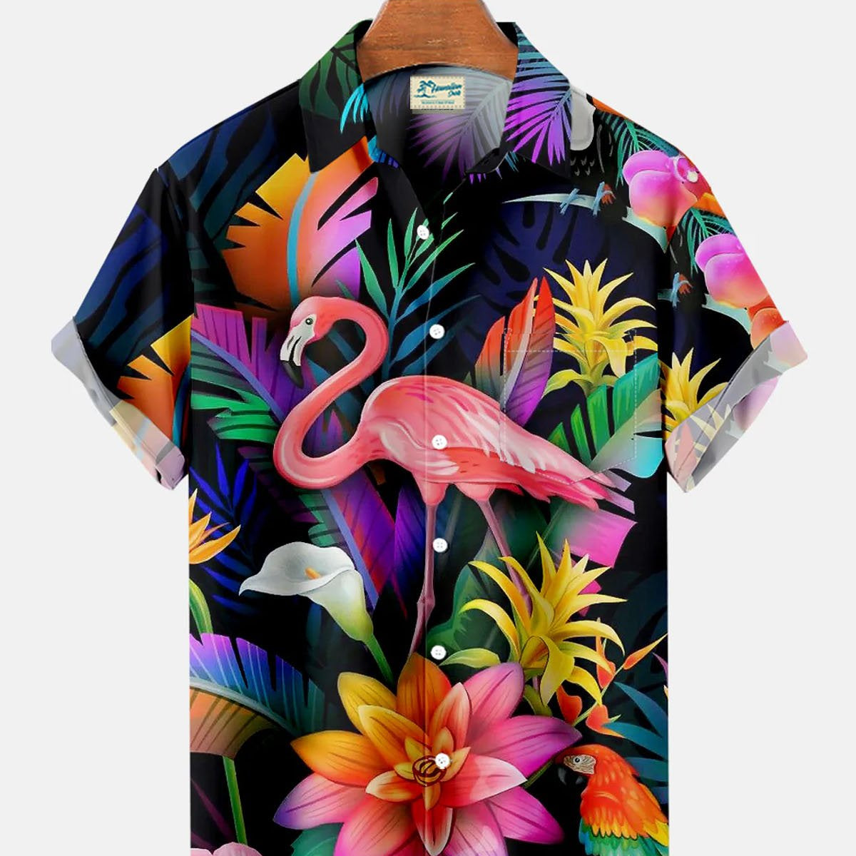 Flamingo Bird With Tropical Flowers Print Men's Fashion Hawaiian Shirts Breathable Plus Size Shirts