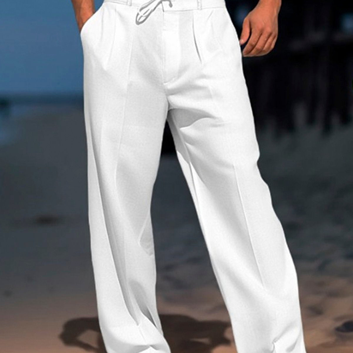 Alohadaddy Men's Beach Daily Loose Linen Elastic Waist Drawstring Trousers