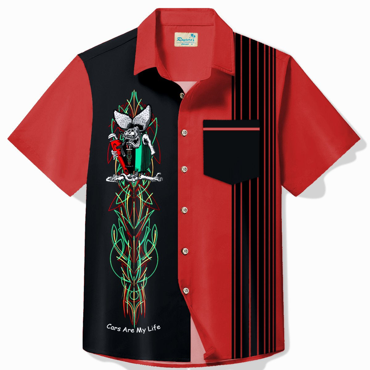 Alohadaddy Vintage Pinstripe Rat Fink Panel BowIing Printed Chest Pocket Shirt Large Size Men's Shirt