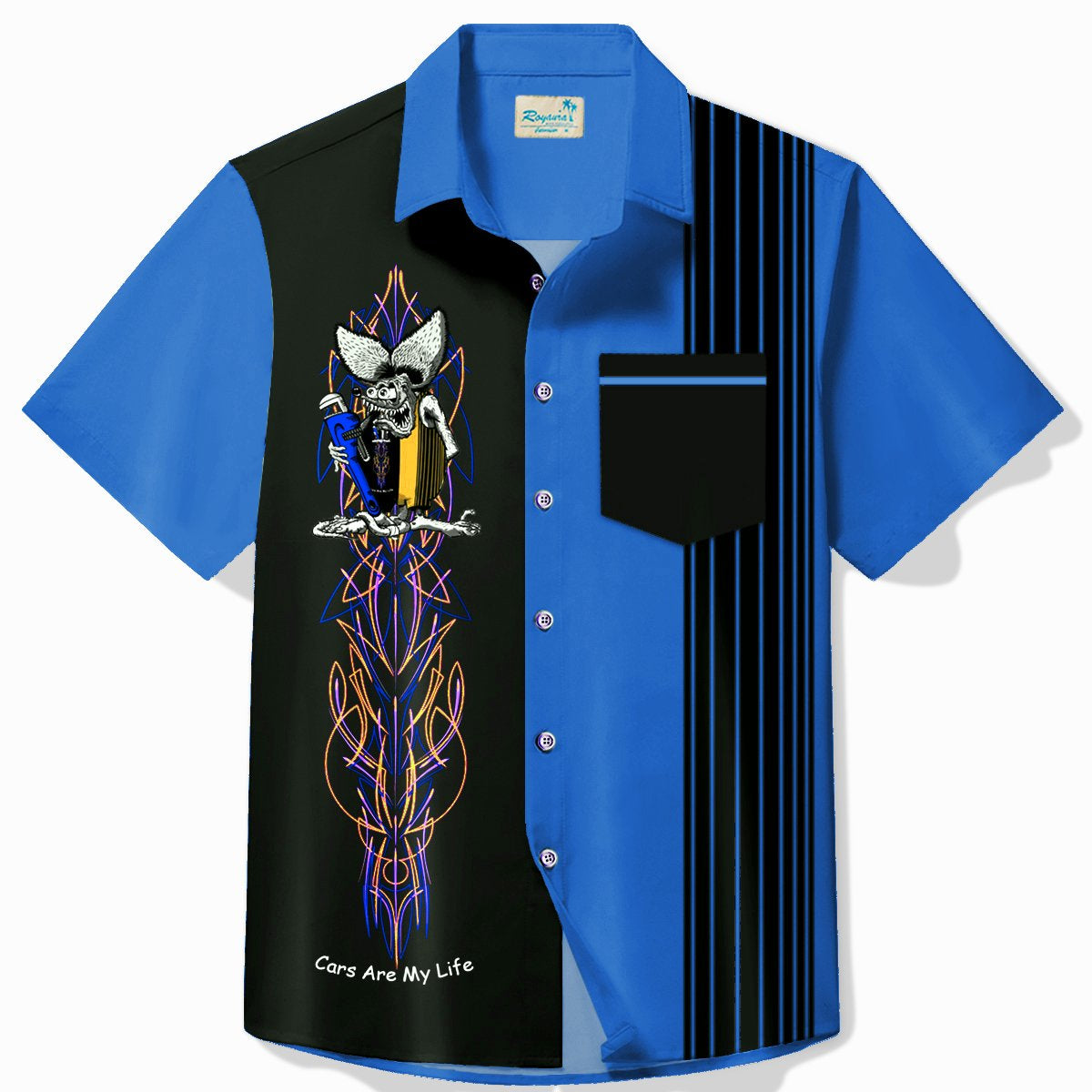Alohadaddy Vintage Pinstripe Rat Fink Panel BowIing Printed Chest Pocket Shirt Large Size Men's Shirt