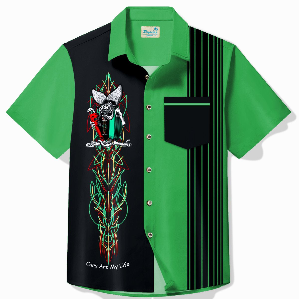 Alohadaddy Vintage Pinstripe Rat Fink Panel BowIing Printed Chest Pocket Shirt Large Size Men's Shirt