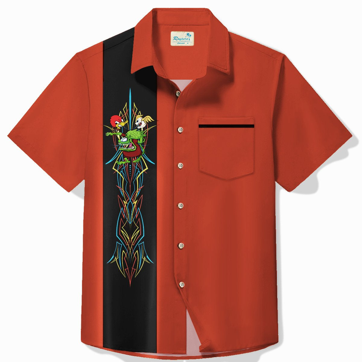 Alohadaddy Vintage Pinstripe Rat Fink flying eyeball Red Duck Panel BowLing Printed Chest Pocket Shirt Large Size Men's Shirt