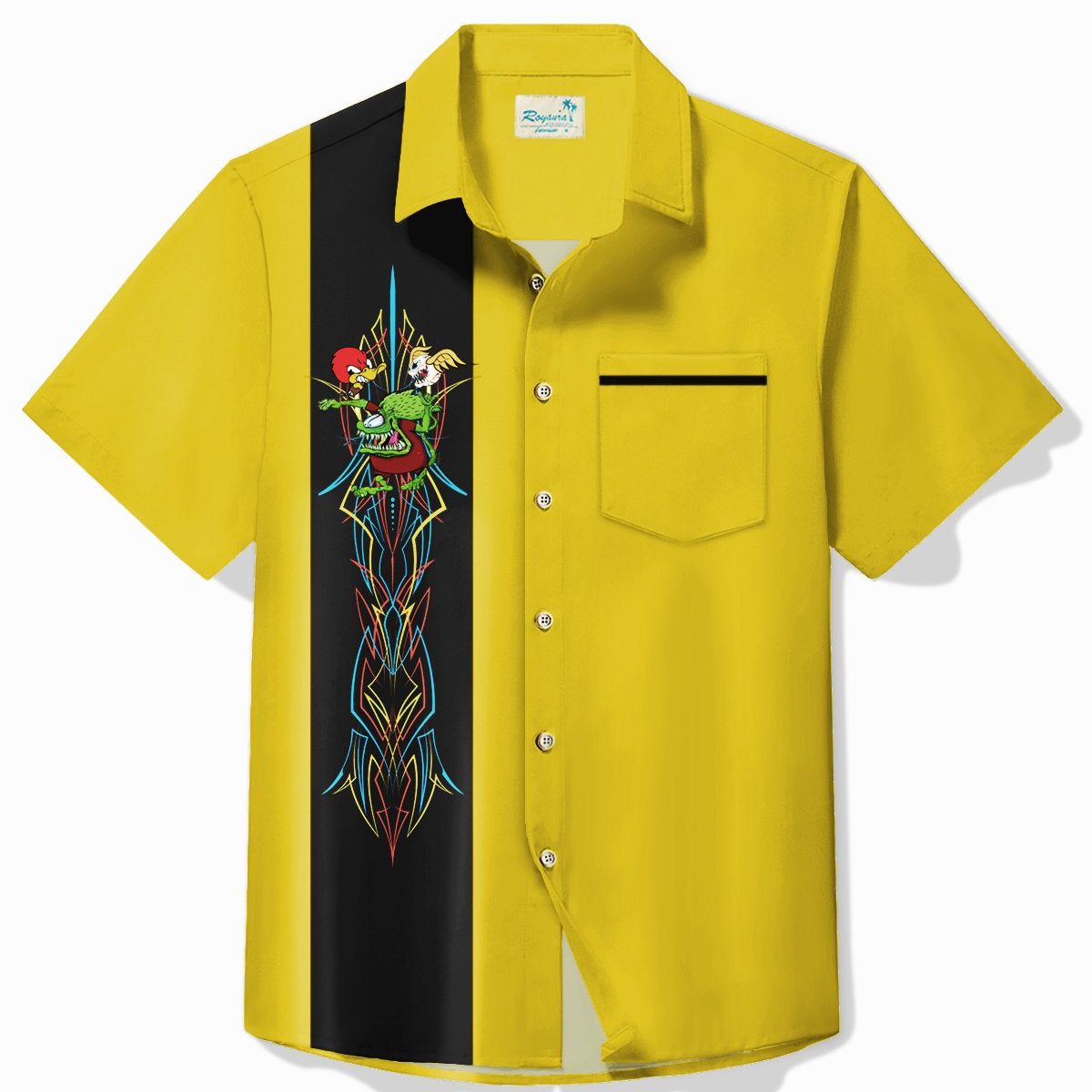 Alohadaddy Vintage Pinstripe Rat Fink flying eyeball Red Duck Panel BowLing Printed Chest Pocket Shirt Large Size Men's Shirt