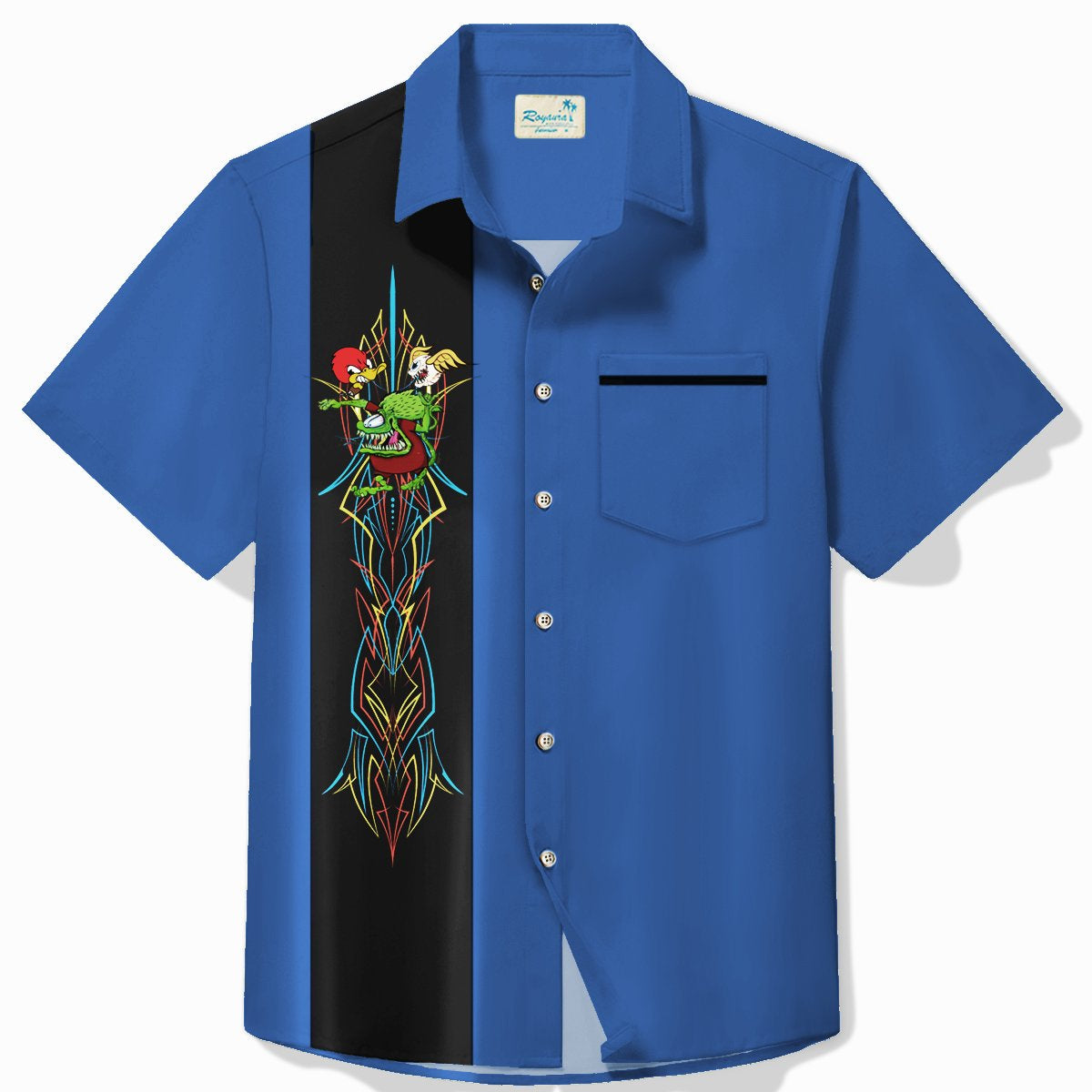 Alohadaddy Vintage Pinstripe Rat Fink flying eyeball Red Duck Panel BowLing Printed Chest Pocket Shirt Large Size Men's Shirt
