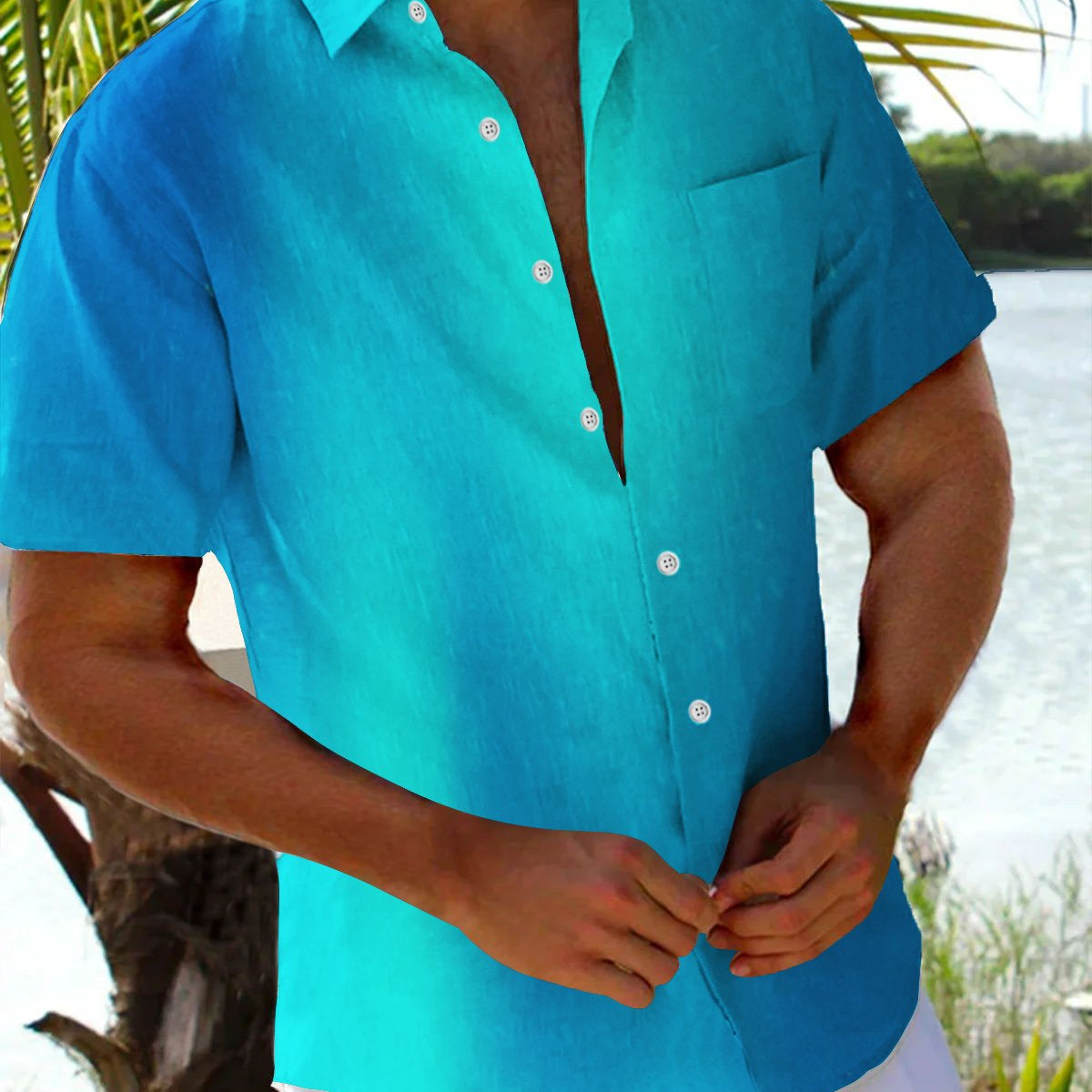 Alohadaddy Vintage Blue Gradient Print Chest Pocket Shirt Plus Size Men's Shirt