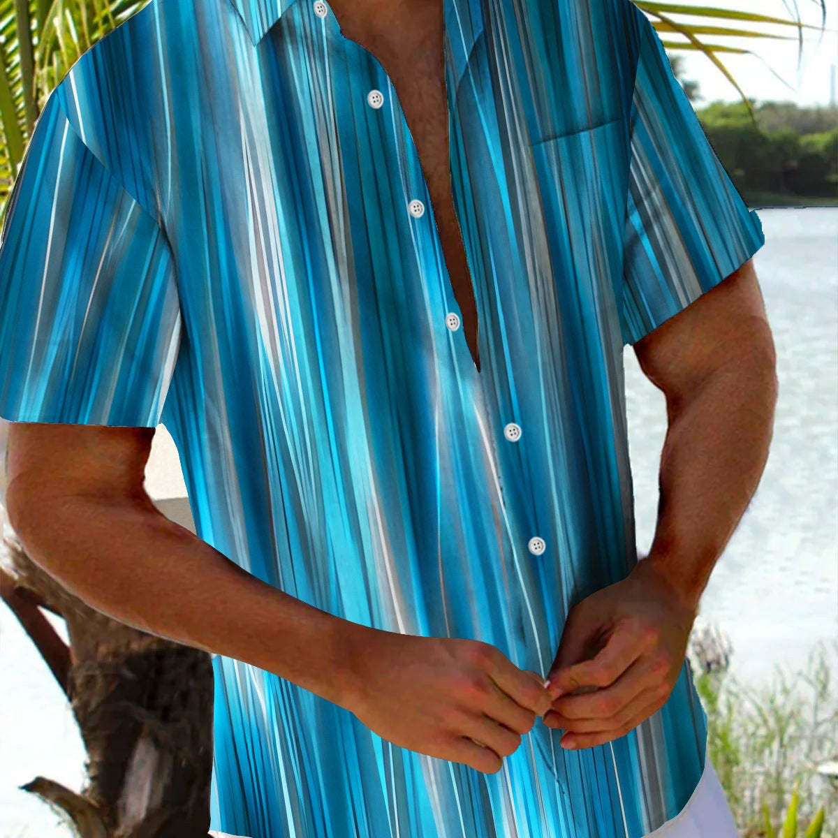 Alohadaddy Vintage Blue Abstract Gradient Stripe Print Chest Pocket Shirt Plus Size Men's Shirt
