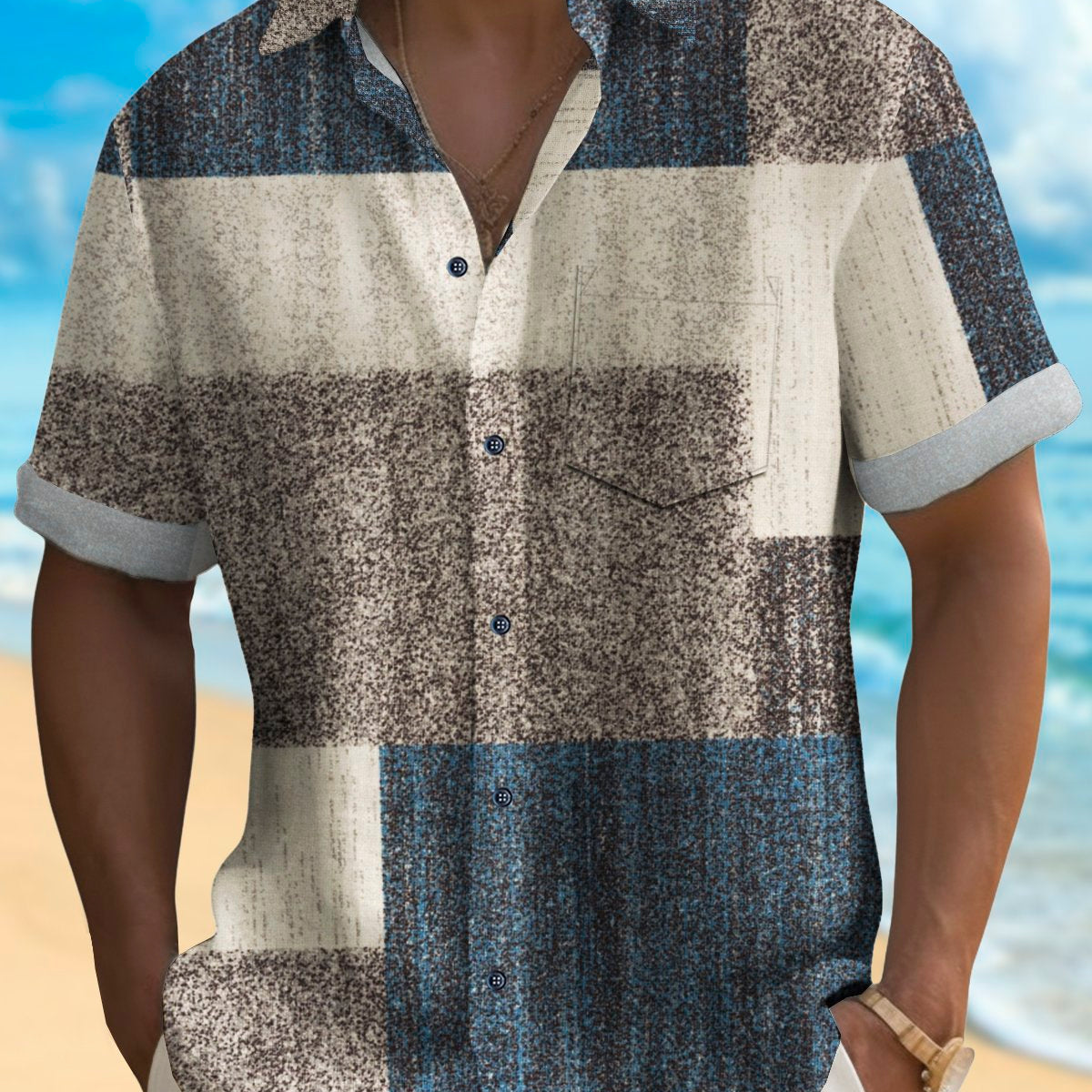 Alohadaddy Vintage Geometric Abstract Texture Print Chest Pocket Shirt Plus Size Men's Shirt Big Tall