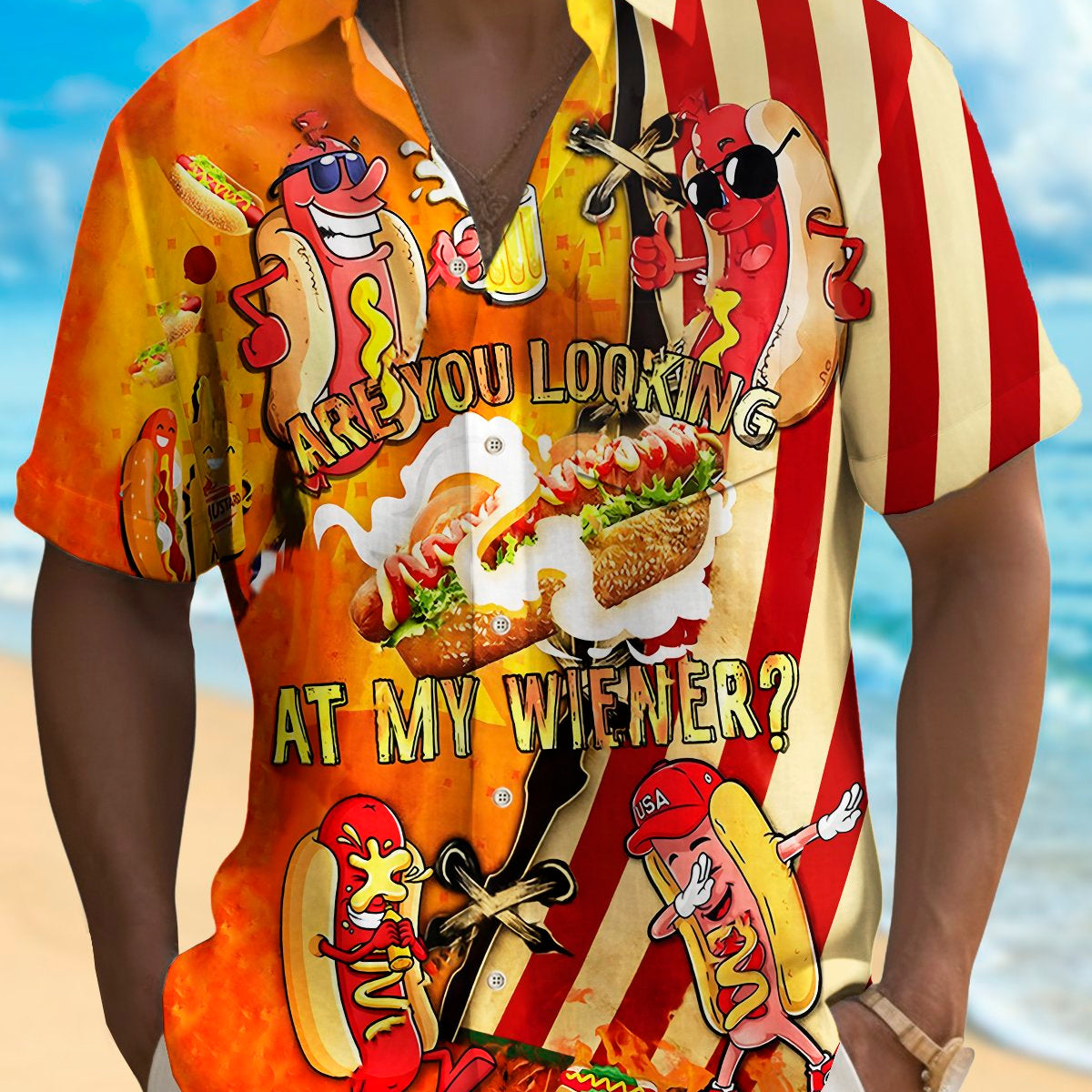 Alohadaddy Holiday Men's Independence Day Flag Hot Dog Print Casual Breathable Short Sleeve Shirt Big Tall