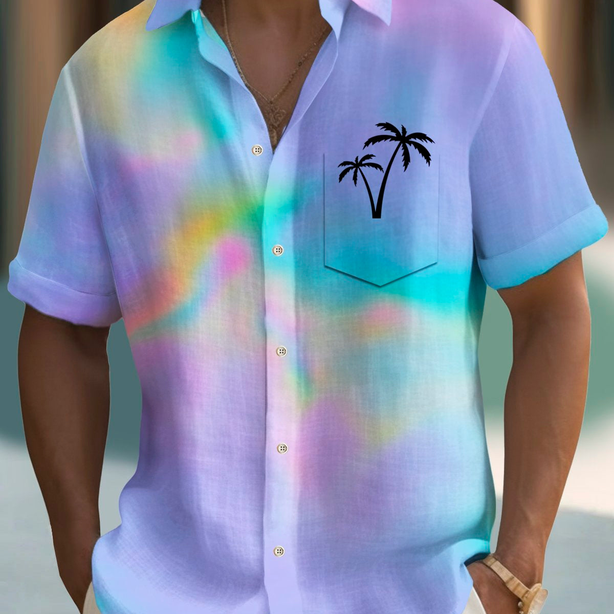 Alohadaddy Beach Vacation Men's Hawaiian Shirt Gradient Texture Coconut Tree Print Pocket Camping Shirt Big Tall